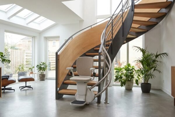 Monte-escalier moderne sur un escalier tournant, maison lumineuse