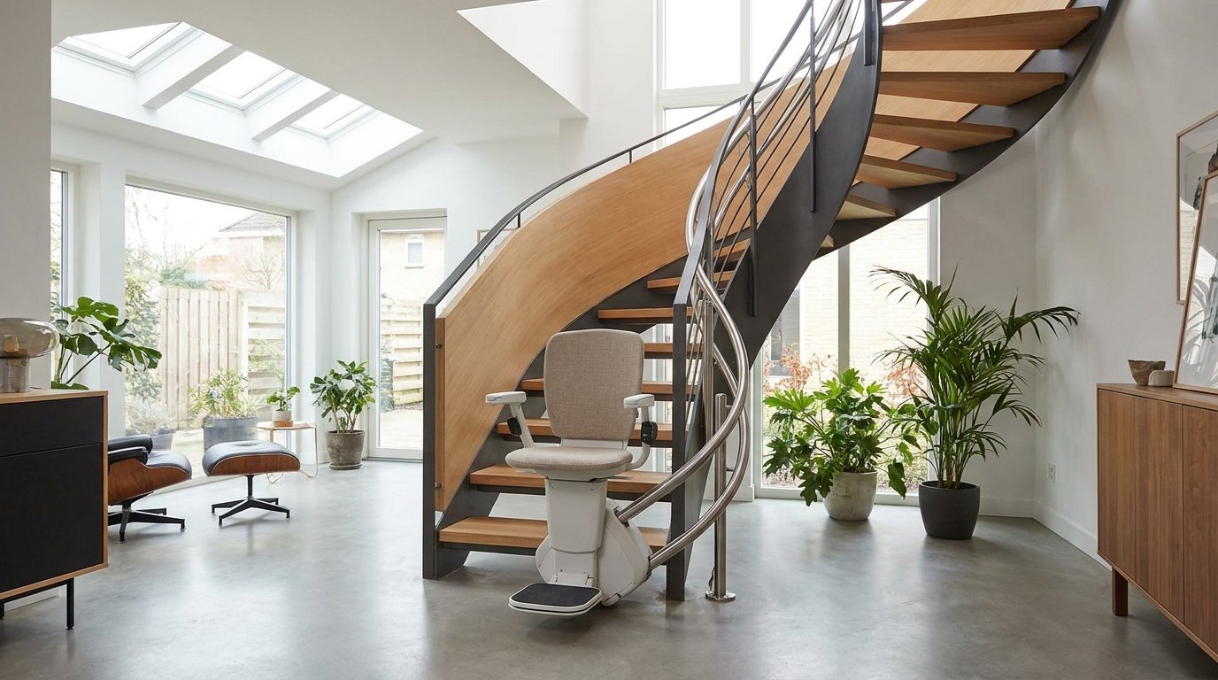 Monte-escalier moderne sur un escalier tournant, maison lumineuse
