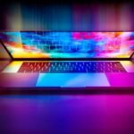 Un ordinateur portable ouvert avec un écran affichant des motifs colorés